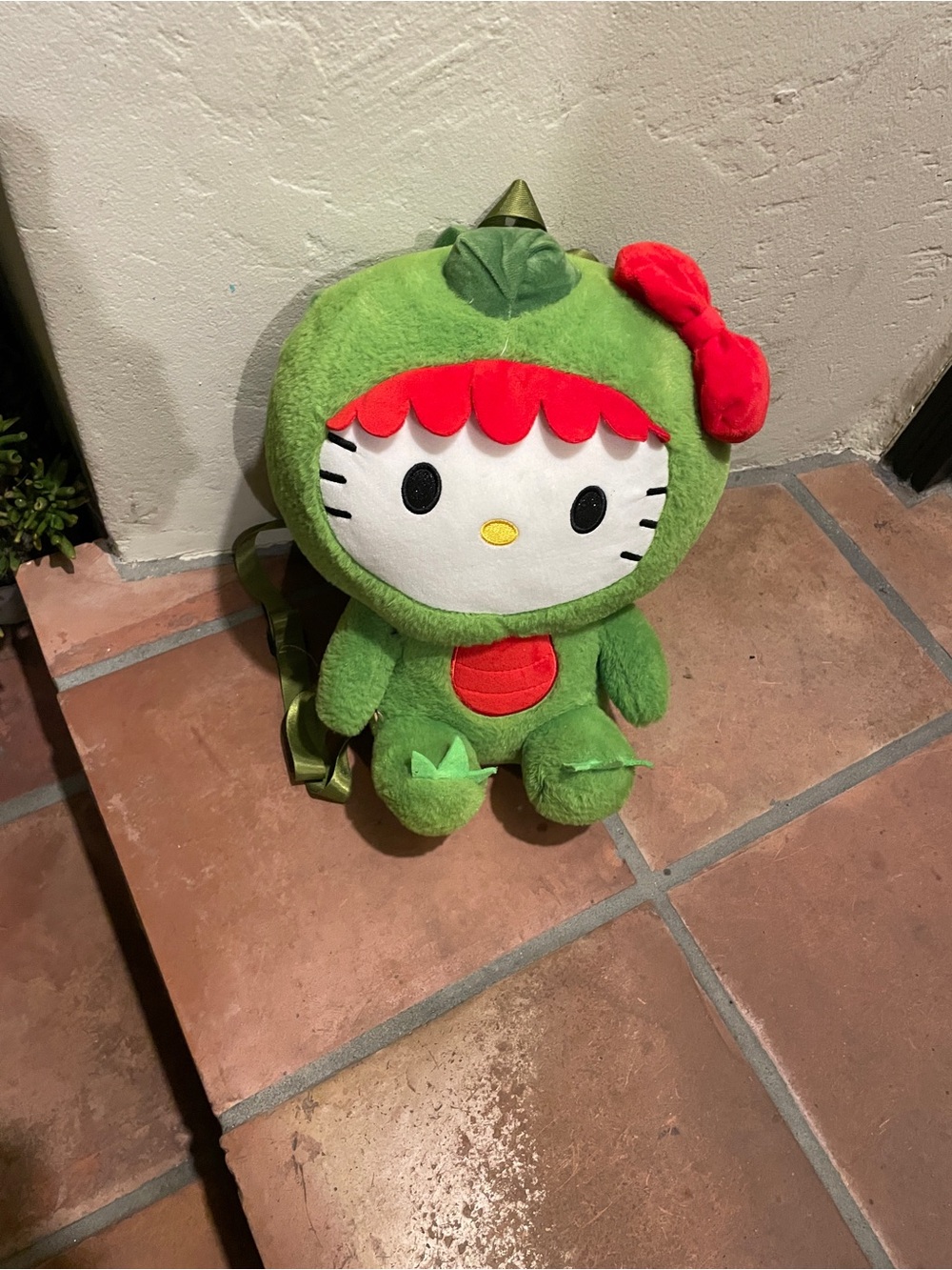 Dinosaur Hello Kitty Green Plush Toy backpack with zipper compartment and pearl